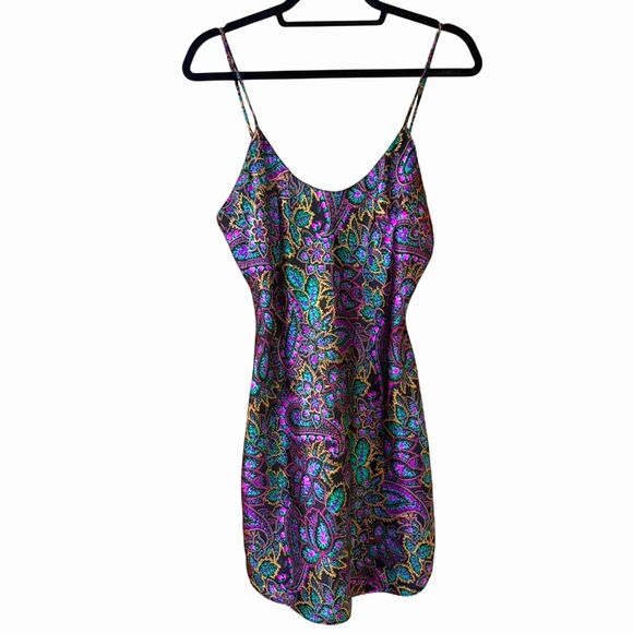 Vintage Y2K Purple & Black Paisley Romantic Slip Dress, Made in USA, Size L - Picture 1 of 7